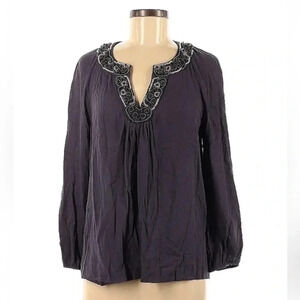 Boden Deep Violet Puff Long Sleeve Blouse Beaded Embellishments Collar Size 8 M